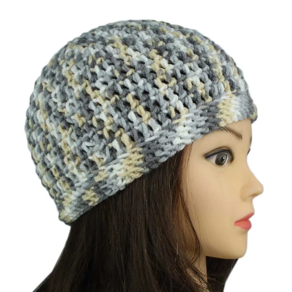 Gray White Yellow Crochet Beanie Hat Small/Medium - JMCH16SM