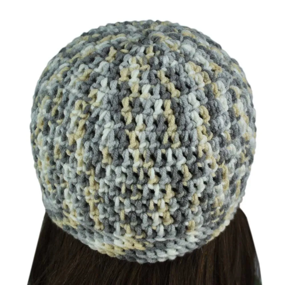 Gray White Yellow Crochet Beanie Hat Small/Medium - JMCH16SM