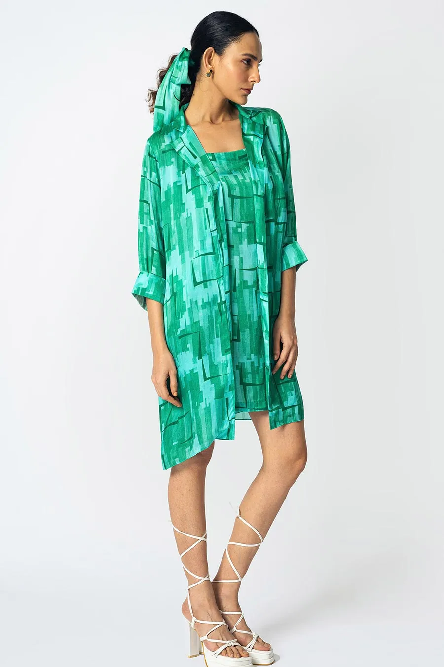 Green Brick Printed Jacket With Slip Dress