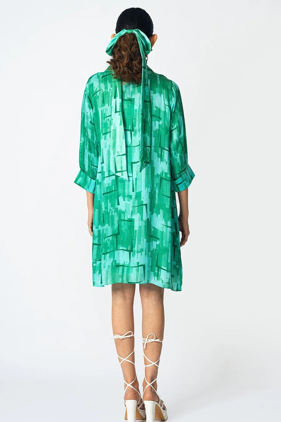 Green Brick Printed Jacket With Slip Dress