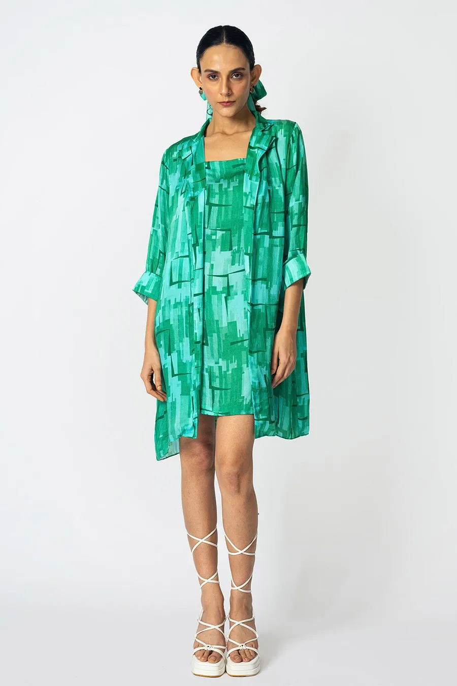 Green Brick Printed Jacket With Slip Dress