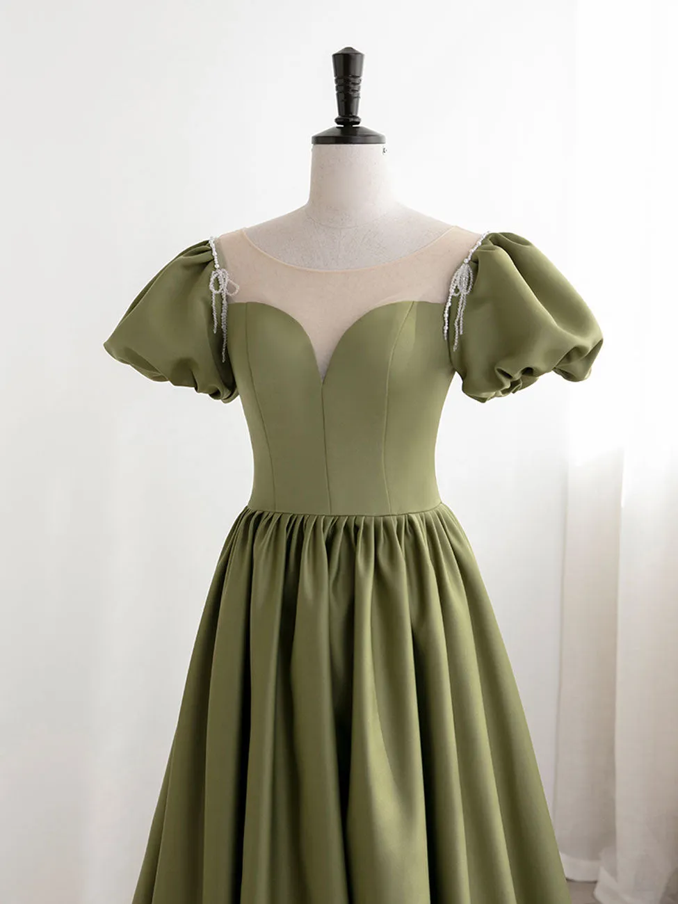 Green Puff Sleeves Satin Long Prom Dress, Green Long Formal Dresses