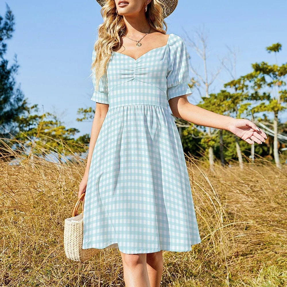 Handmade Dress, Babydoll dress, Blue Babydoll Dress, Gingham Dress, Pinup dress, 50s style dress, Vintage style dress, Puff sleeve dress