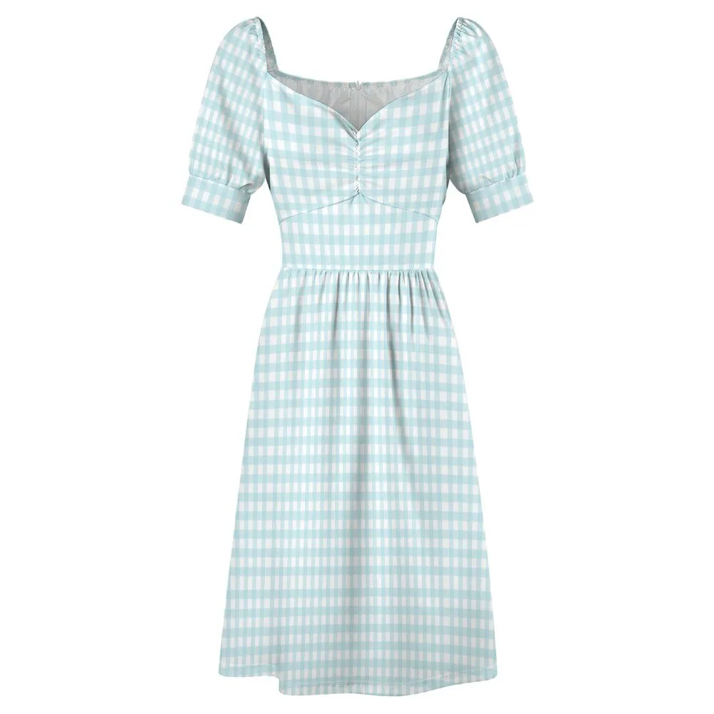 Handmade Dress, Babydoll dress, Blue Babydoll Dress, Gingham Dress, Pinup dress, 50s style dress, Vintage style dress, Puff sleeve dress