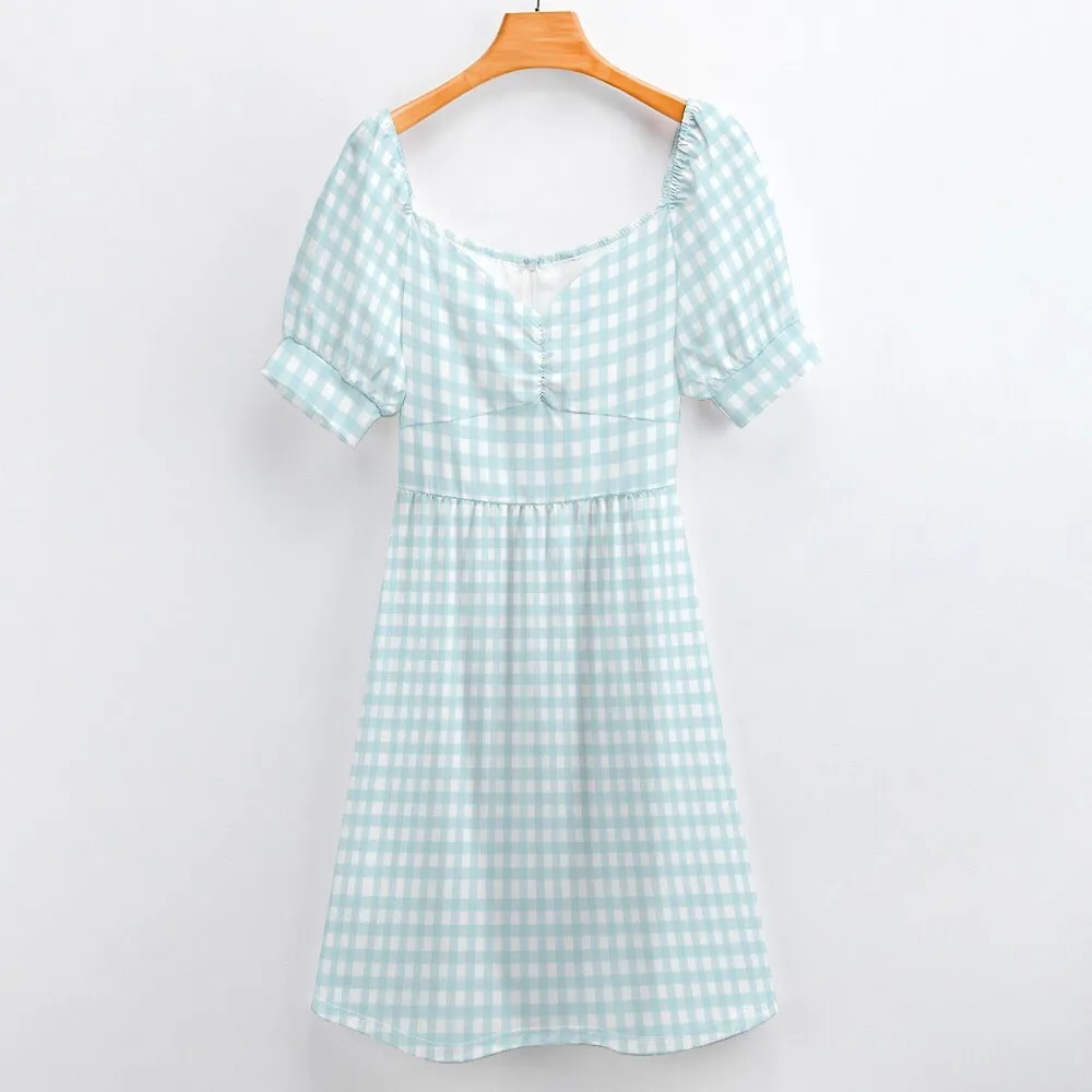 Handmade Dress, Babydoll dress, Blue Babydoll Dress, Gingham Dress, Pinup dress, 50s style dress, Vintage style dress, Puff sleeve dress