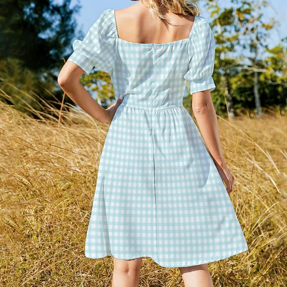 Handmade Dress, Babydoll dress, Blue Babydoll Dress, Gingham Dress, Pinup dress, 50s style dress, Vintage style dress, Puff sleeve dress