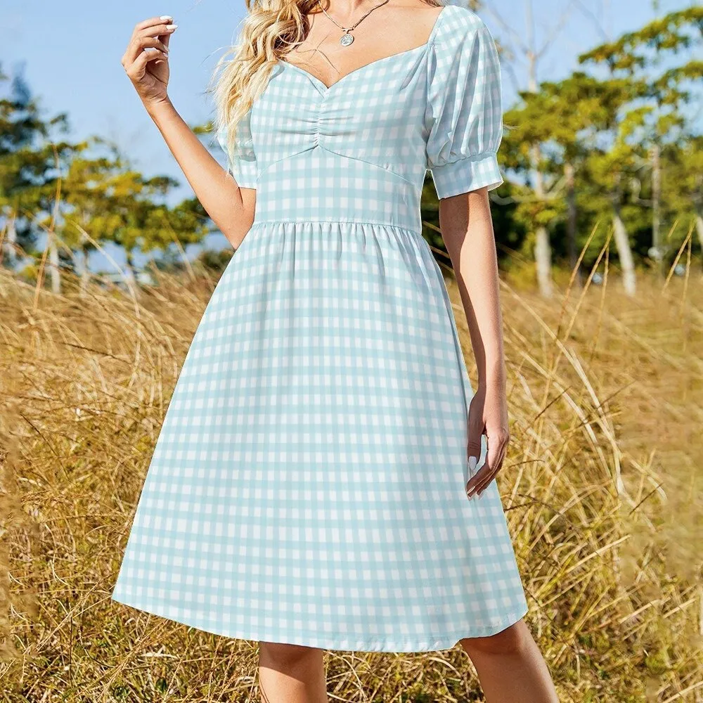 Handmade Dress, Babydoll dress, Blue Babydoll Dress, Gingham Dress, Pinup dress, 50s style dress, Vintage style dress, Puff sleeve dress