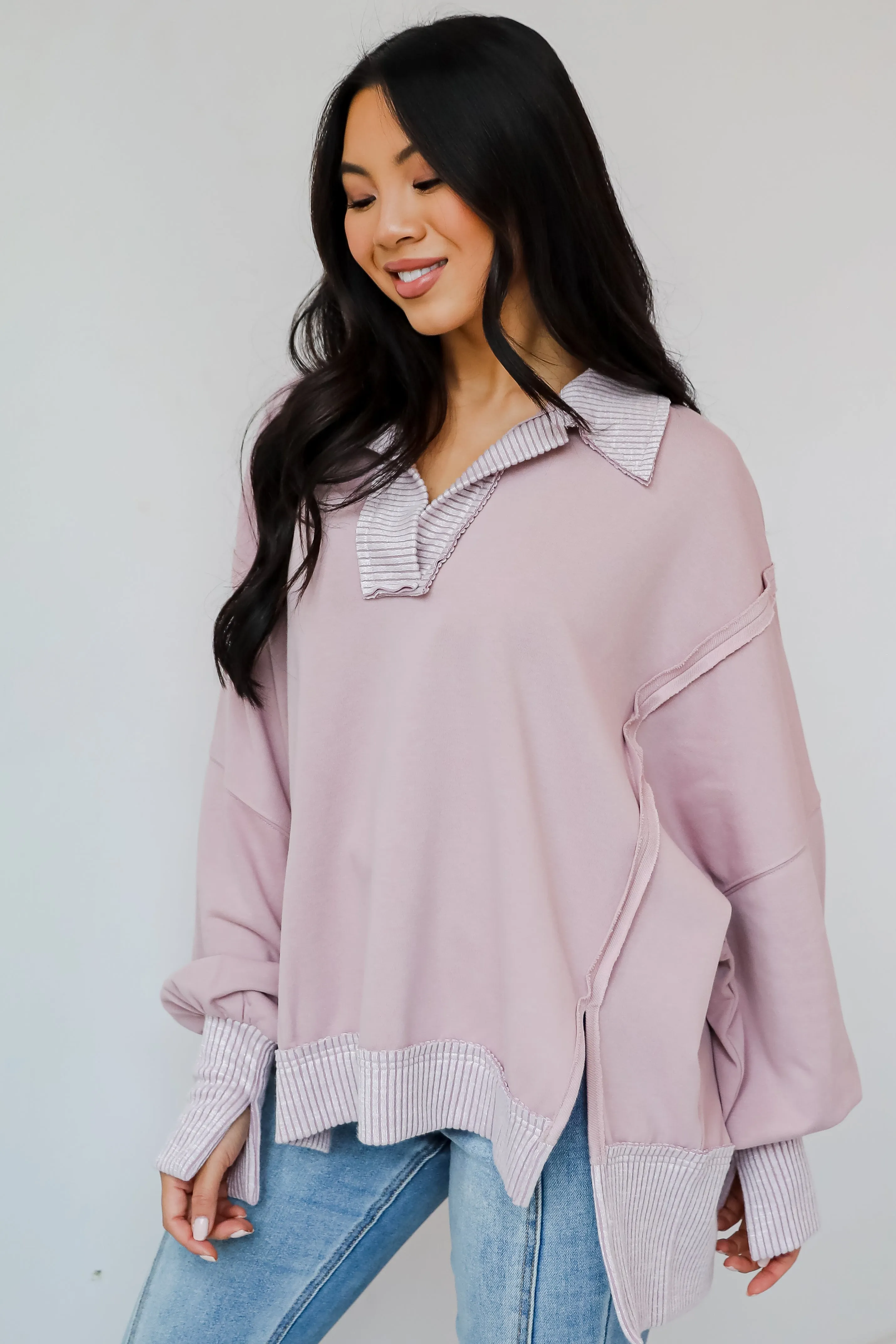 Harper Lavender Collared Contrast Pullover