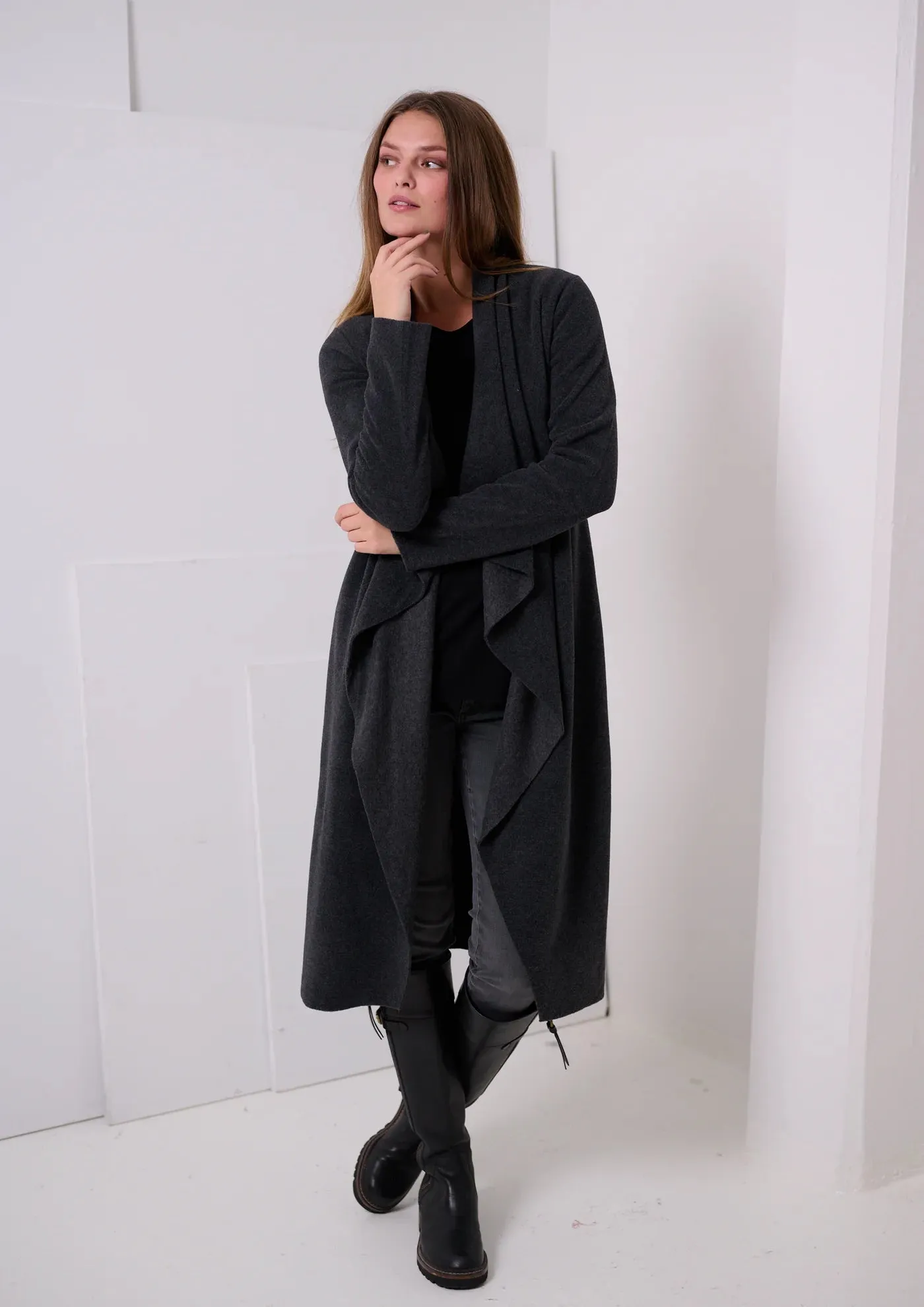 Henriette Cozy Long Fleece Cardigan | Soft Black