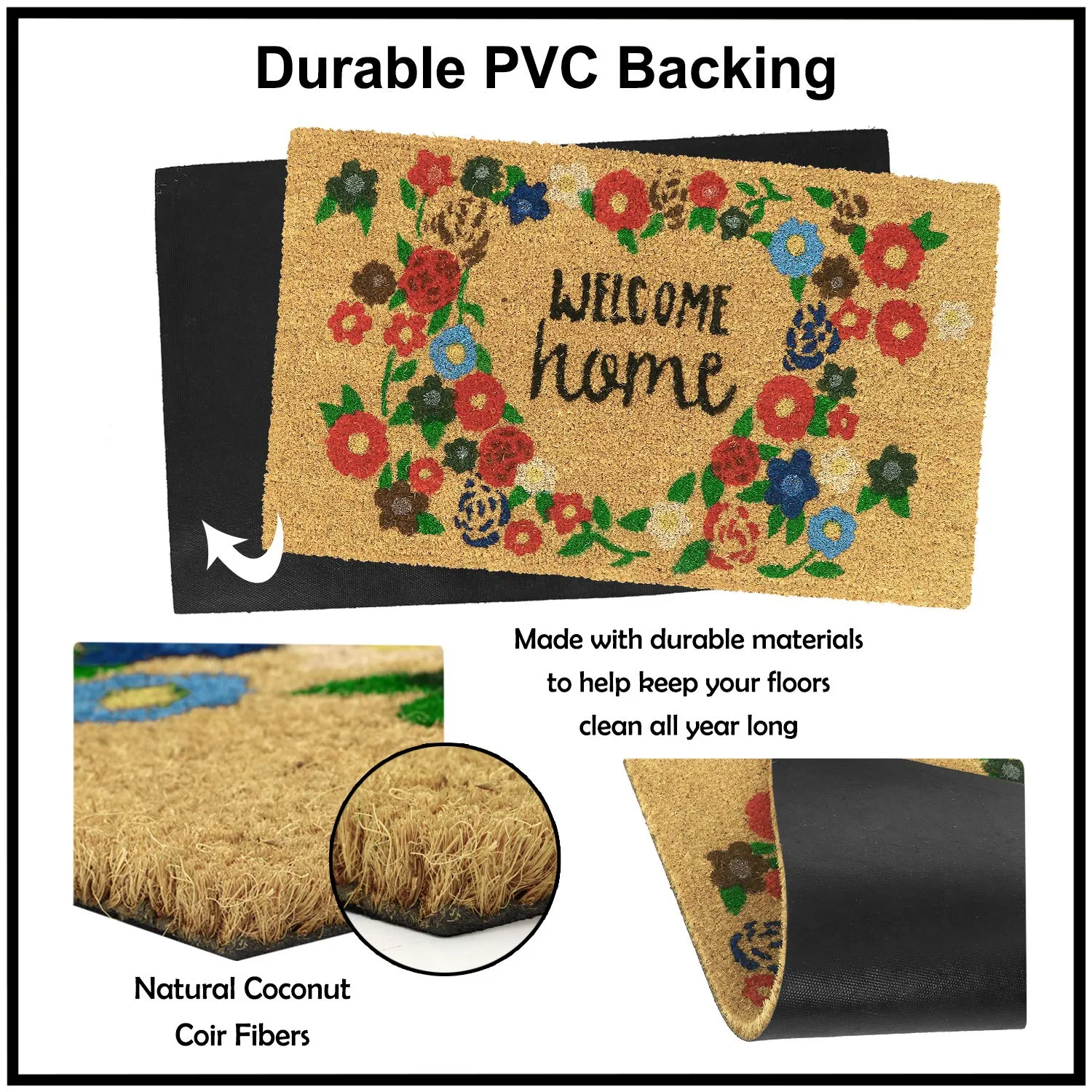 HOKIPO Large 45x75cm Coir Doormats for Entrance with Antiskid PVC Backing, Multicolor (IN155)