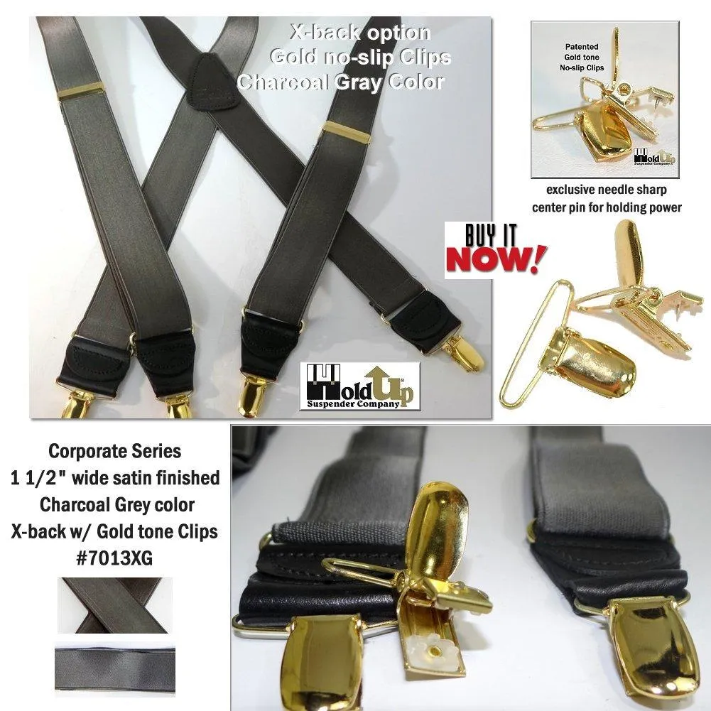 Hold Suspender Company's Dark Charcoal Gray Satin Finished Corporate Series  X-back Suspenders with Gold-tone  Clips