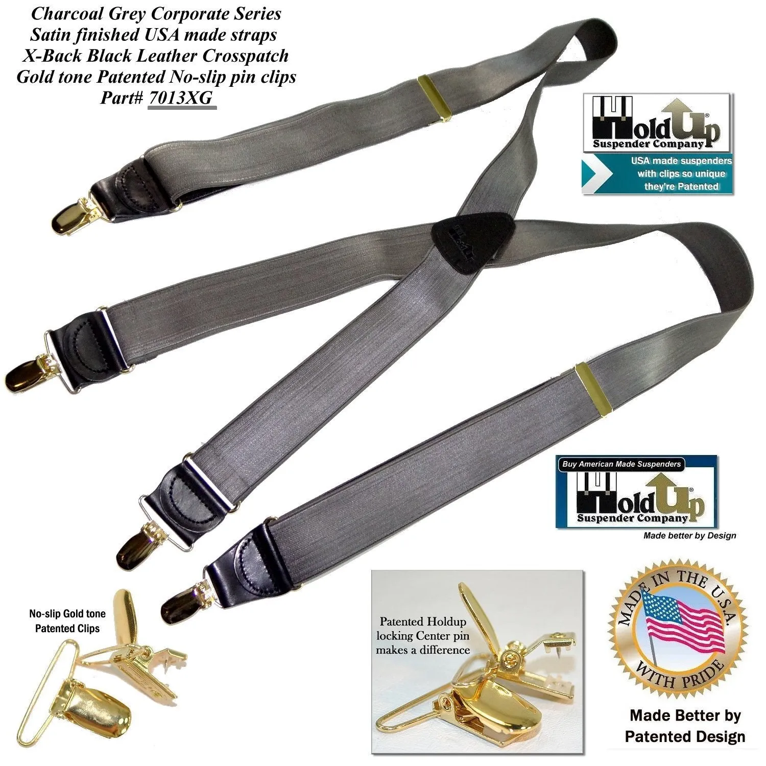 Hold Suspender Company's Dark Charcoal Gray Satin Finished Corporate Series  X-back Suspenders with Gold-tone  Clips