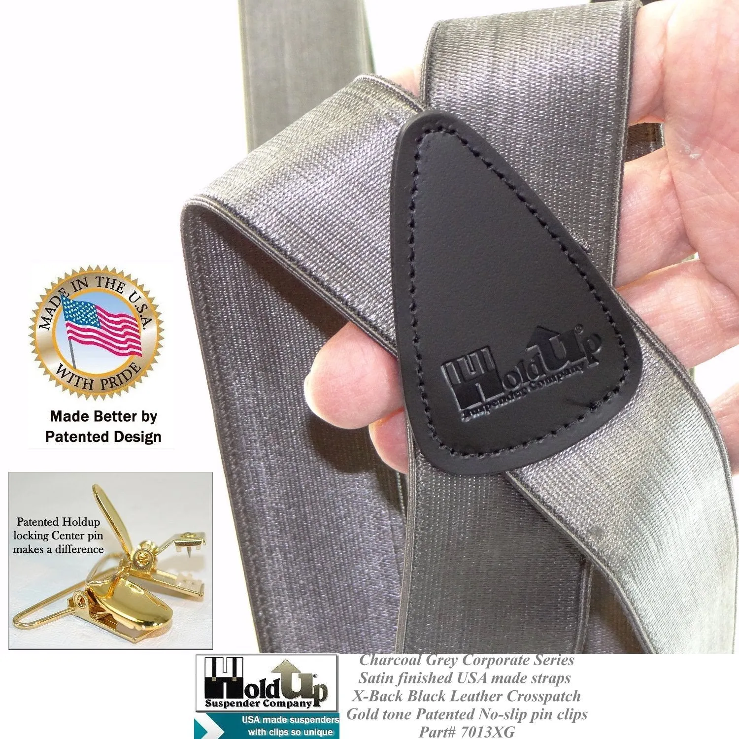 Hold Suspender Company's Dark Charcoal Gray Satin Finished Corporate Series  X-back Suspenders with Gold-tone  Clips