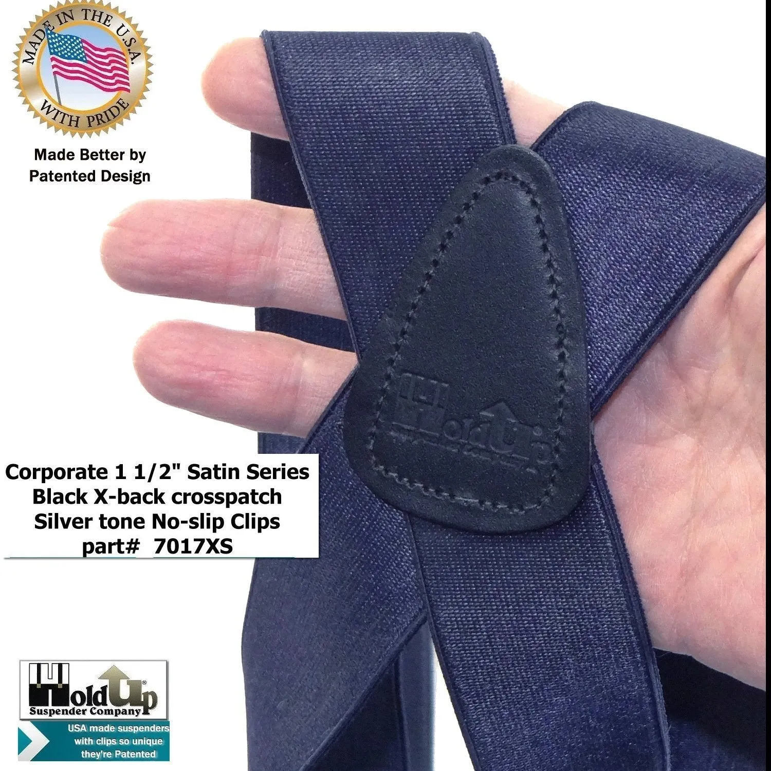 Holdup Suspender Company Steel Blue Satin Finish Corporate Series Suspenders X-back with Patented No-slip Silver Clips