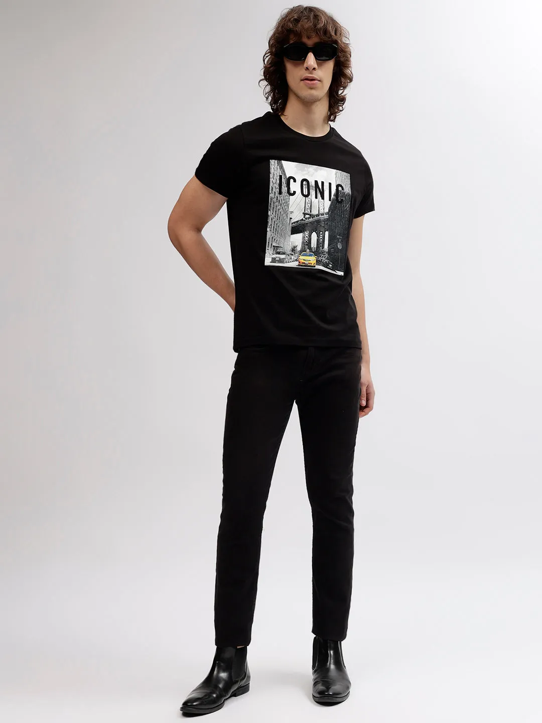 Iconic Men Black Printed Round Neck Short Sleeves T-shirt