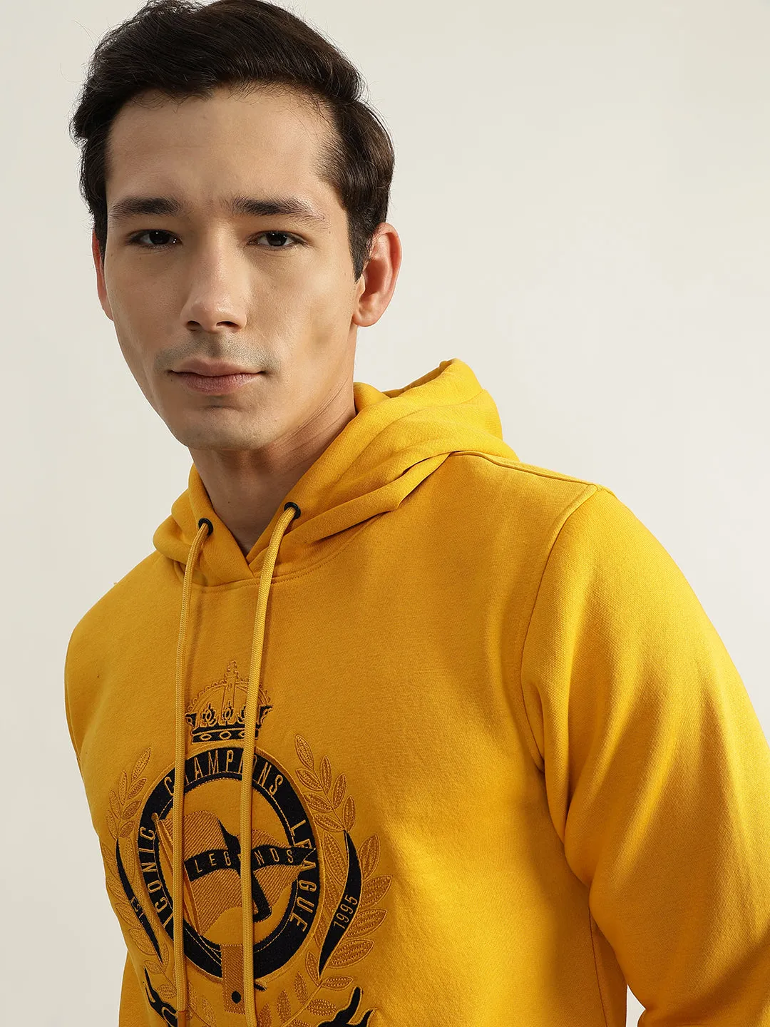 Iconic Men Mustard Embroidered Hooded Full Sleeves Sweatshirt