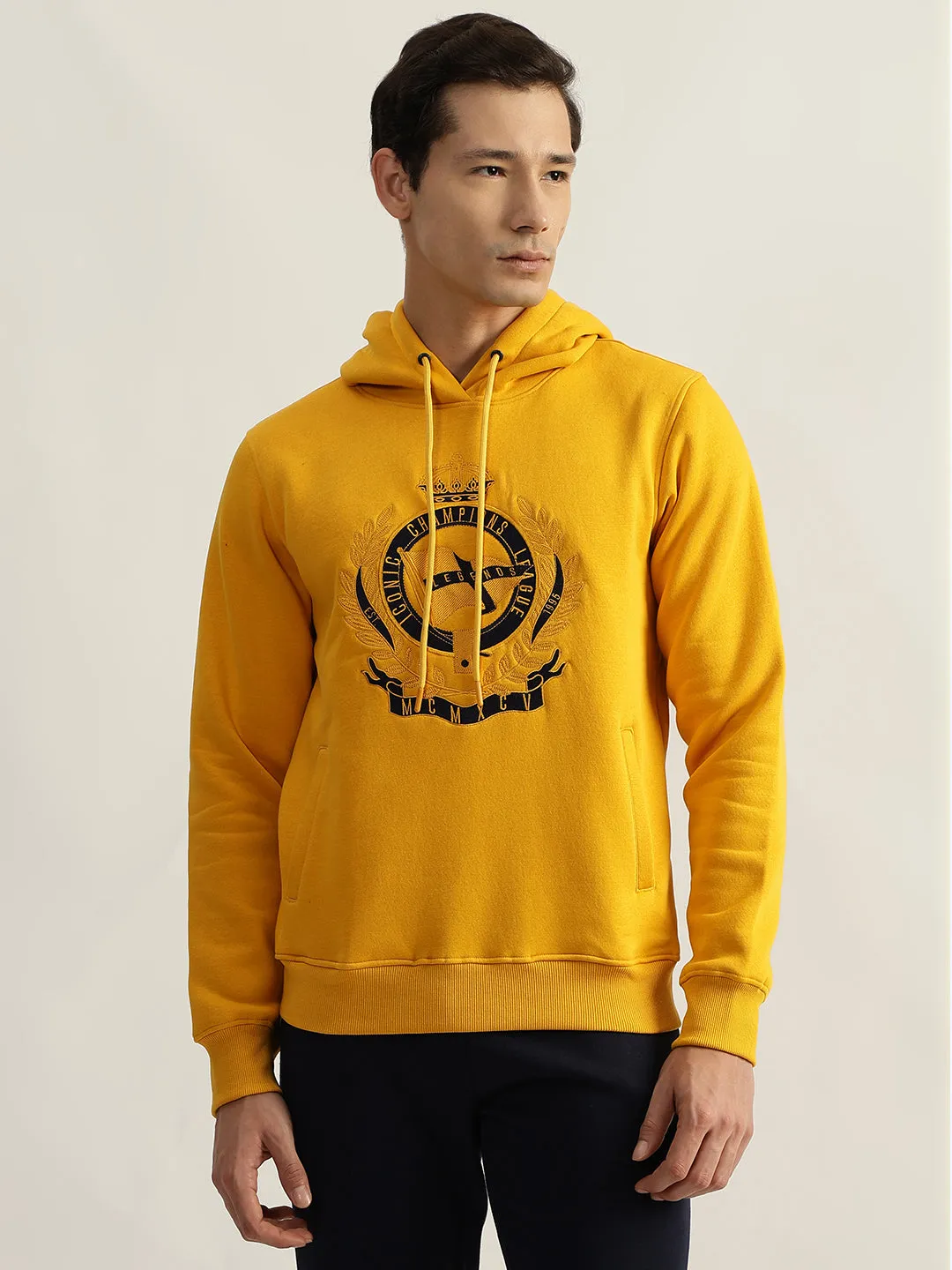 Iconic Men Mustard Embroidered Hooded Full Sleeves Sweatshirt