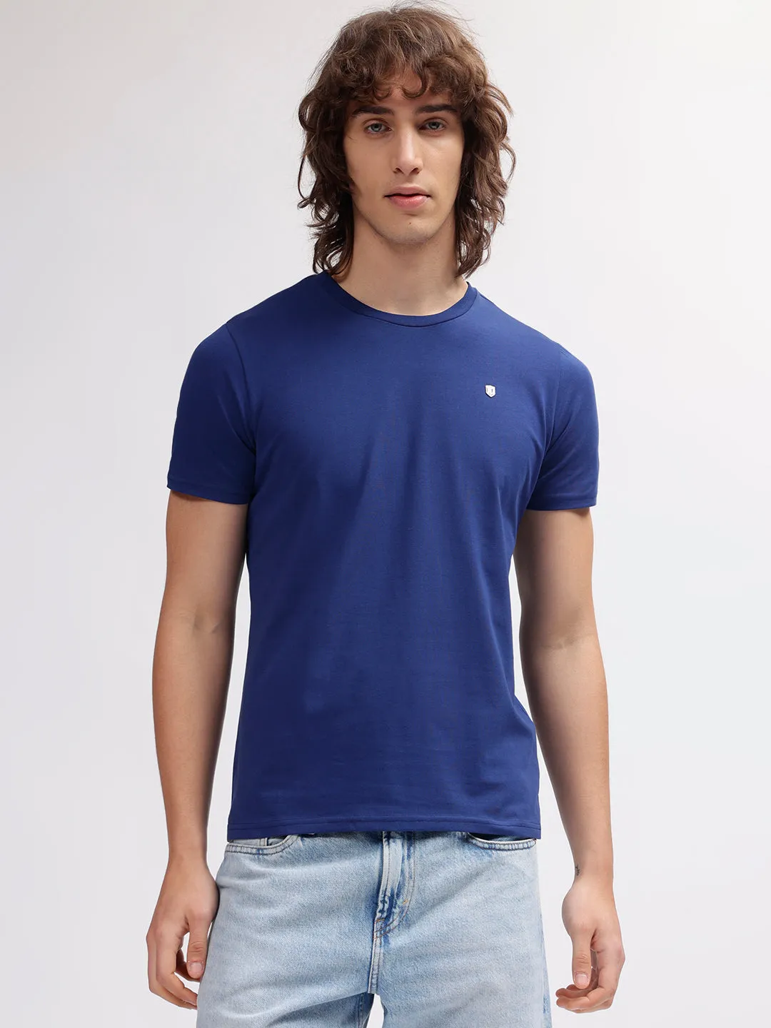 Iconic Men Navy Blue Solid Round Neck Short Sleeves T-shirt