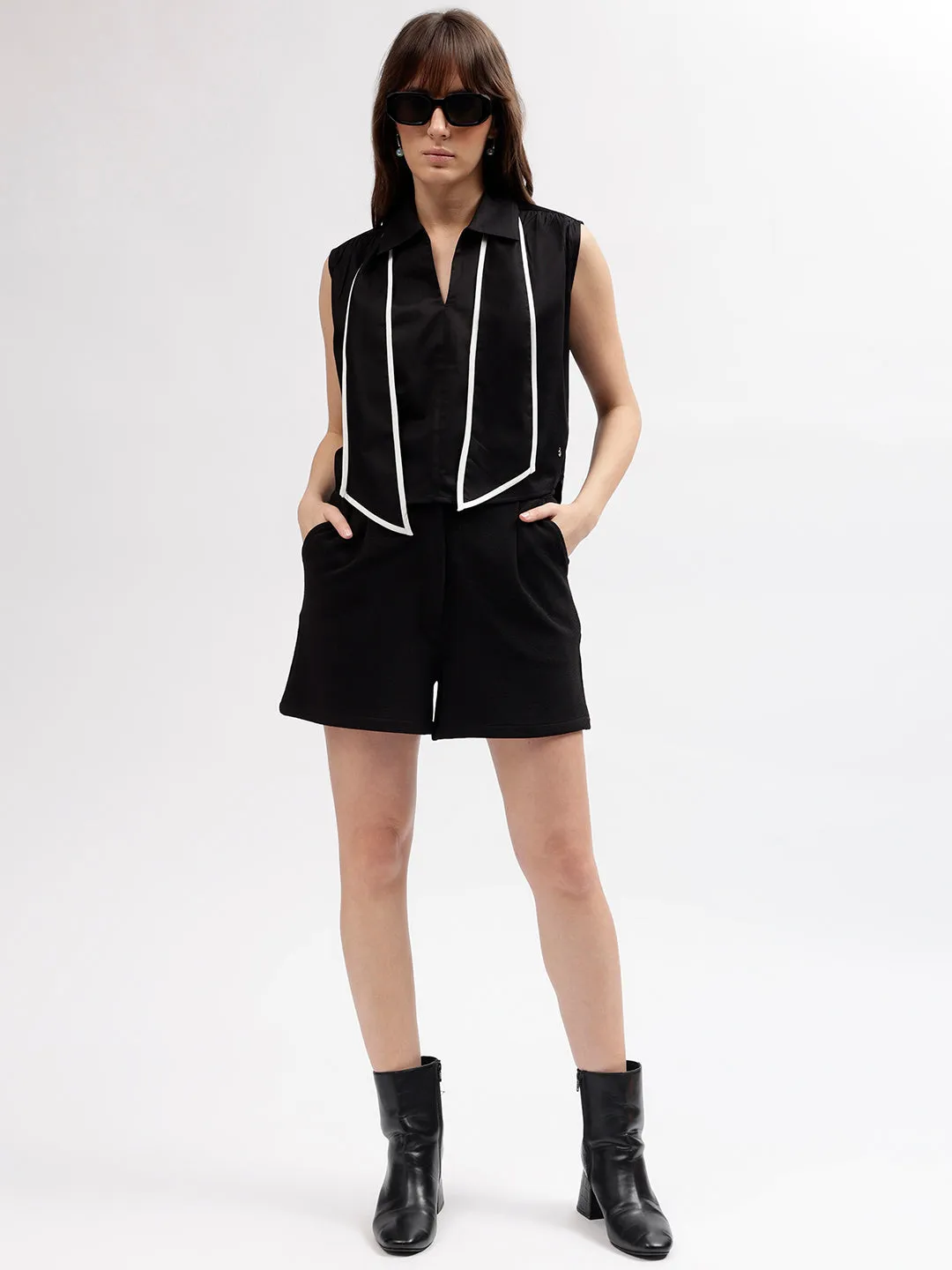 Iconic Women Black Solid Shirt Collar Sleeveless Top