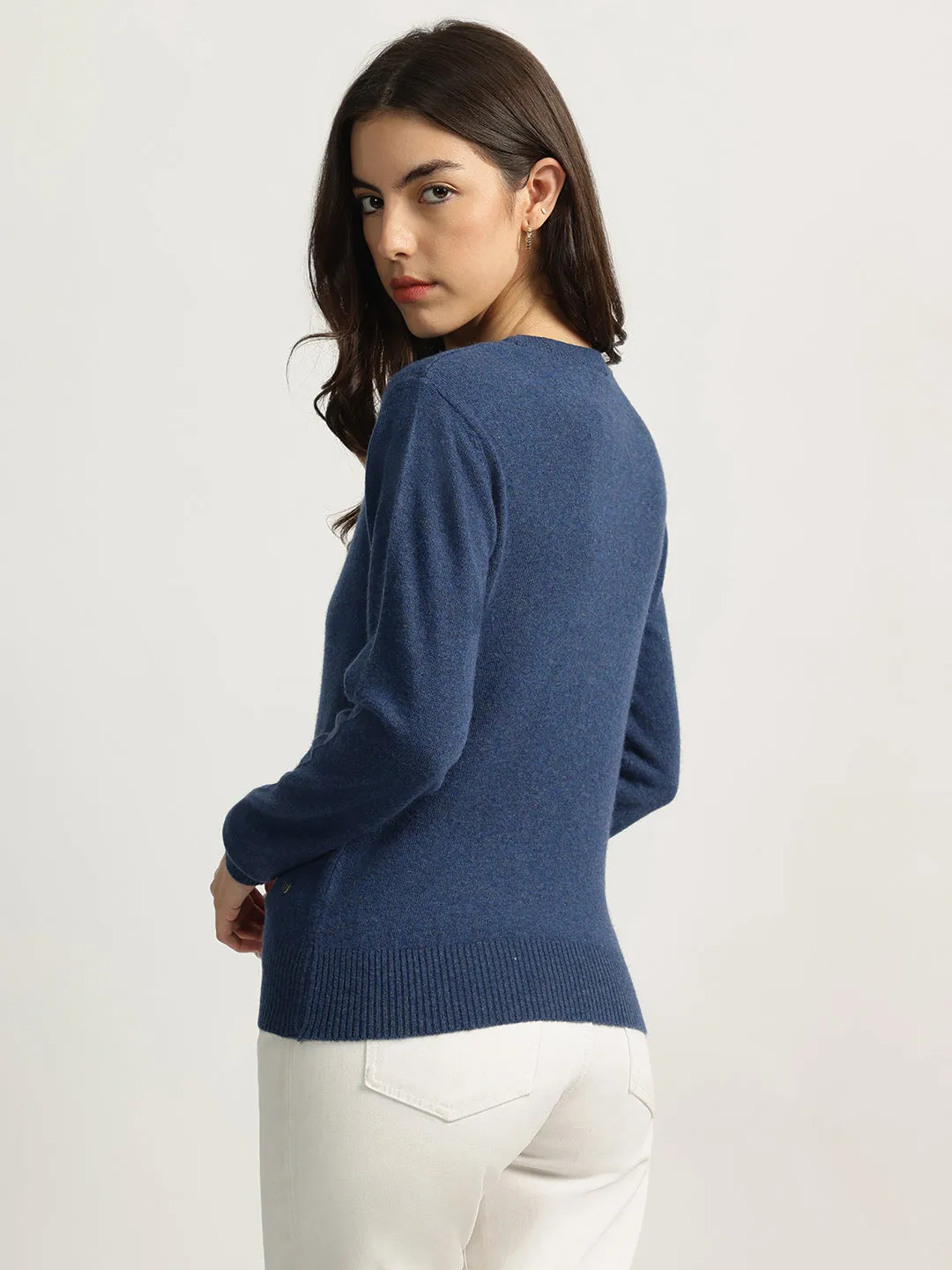 Iconic Women Blue Solid Round Neck Full Sleeves Sweater