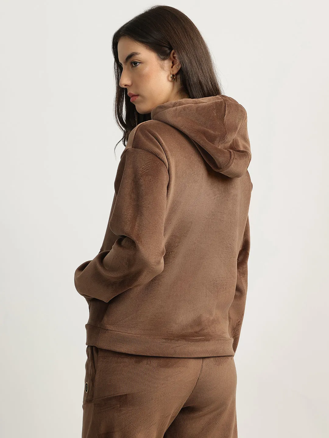 Iconic Women Brown Solid Round Neck Full Sleeves Sweatshirt