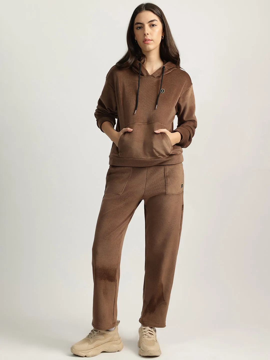 Iconic Women Brown Solid Round Neck Full Sleeves Sweatshirt