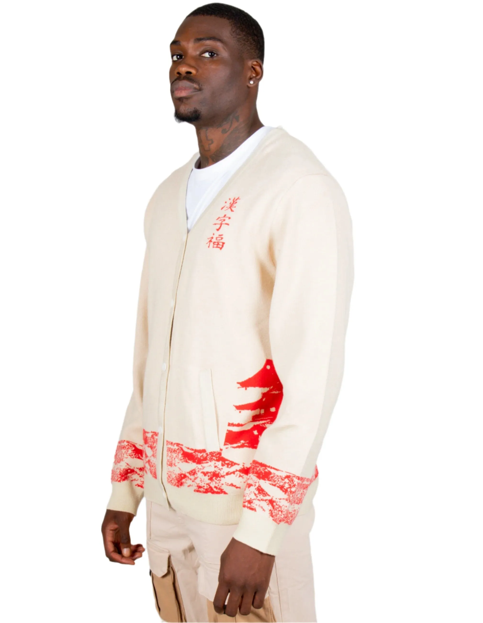 Japanese Landscape Knitted Cardigan In Beige