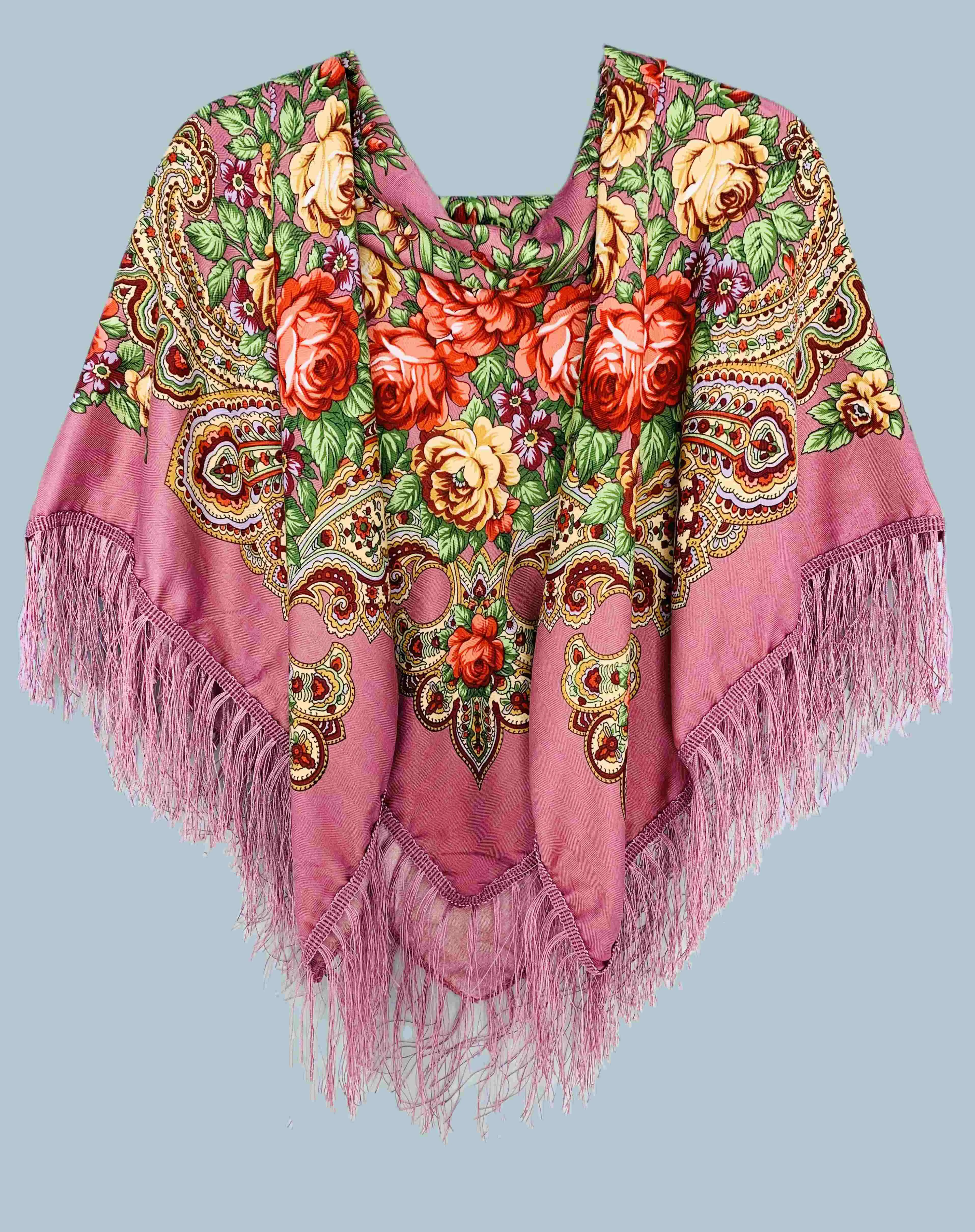 JC023322 Rose Floral Fringe-Detailed  Square Scarf/Shawl