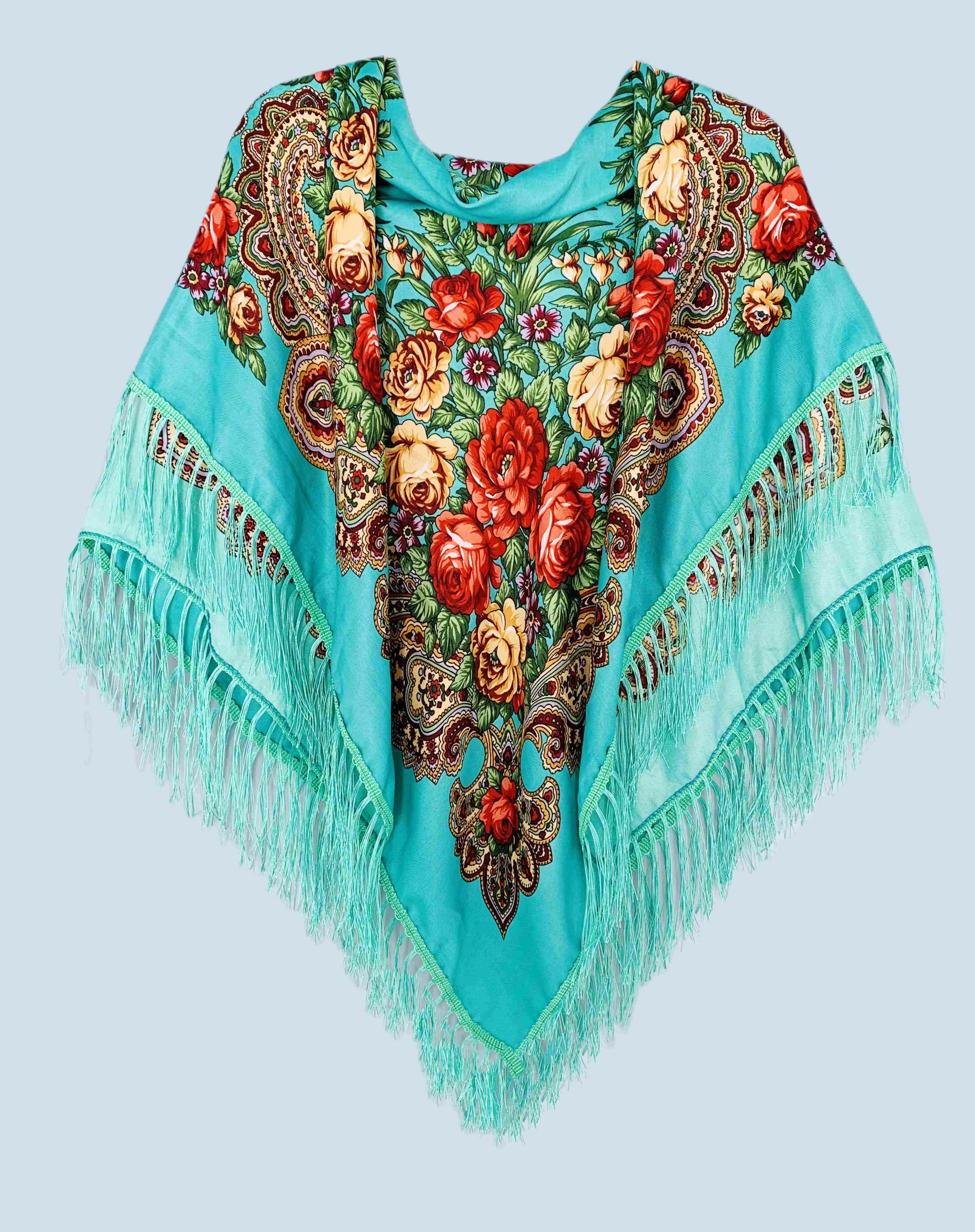 JC023322 Rose Floral Fringe-Detailed  Square Scarf/Shawl