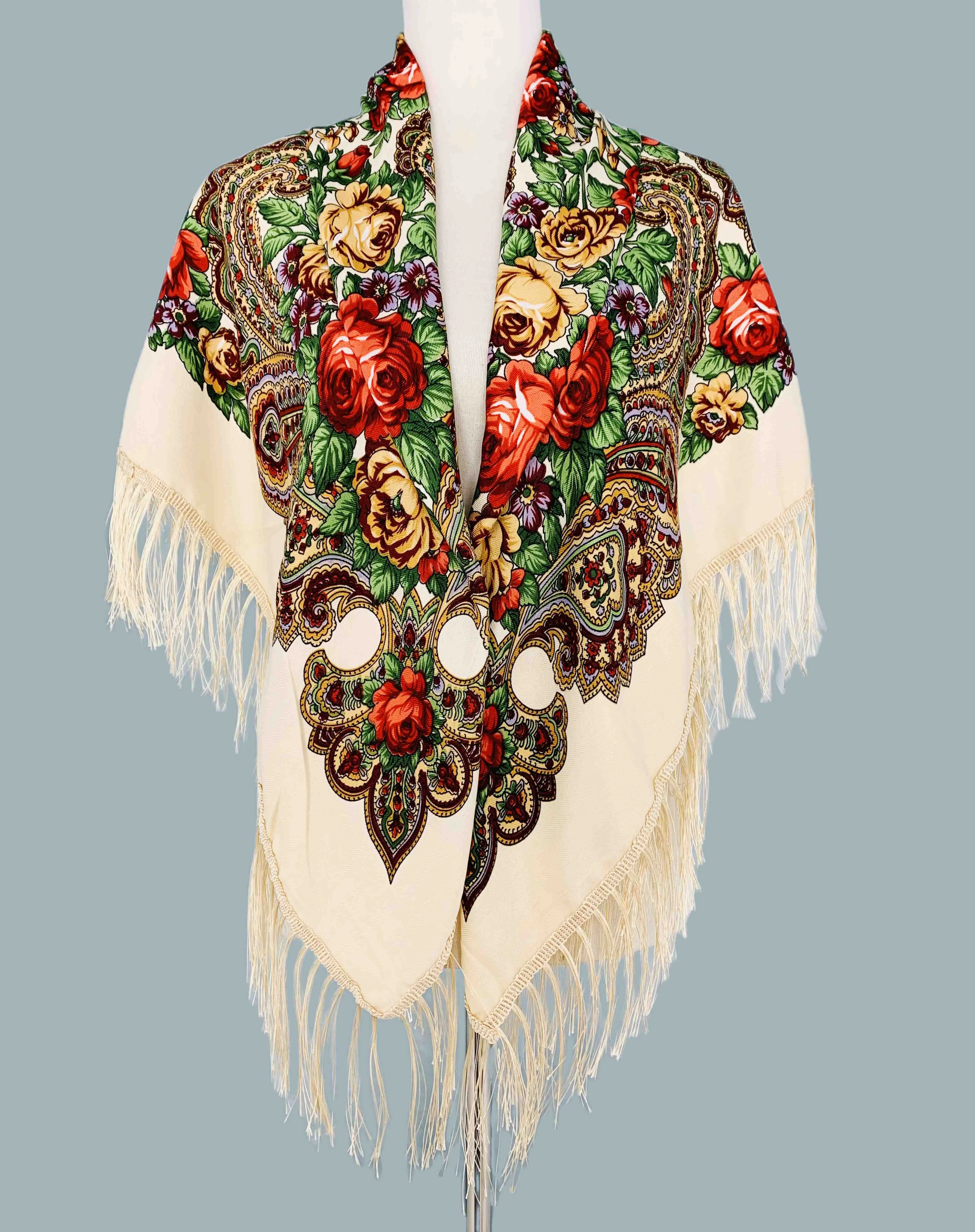 JC023322 Rose Floral Fringe-Detailed  Square Scarf/Shawl