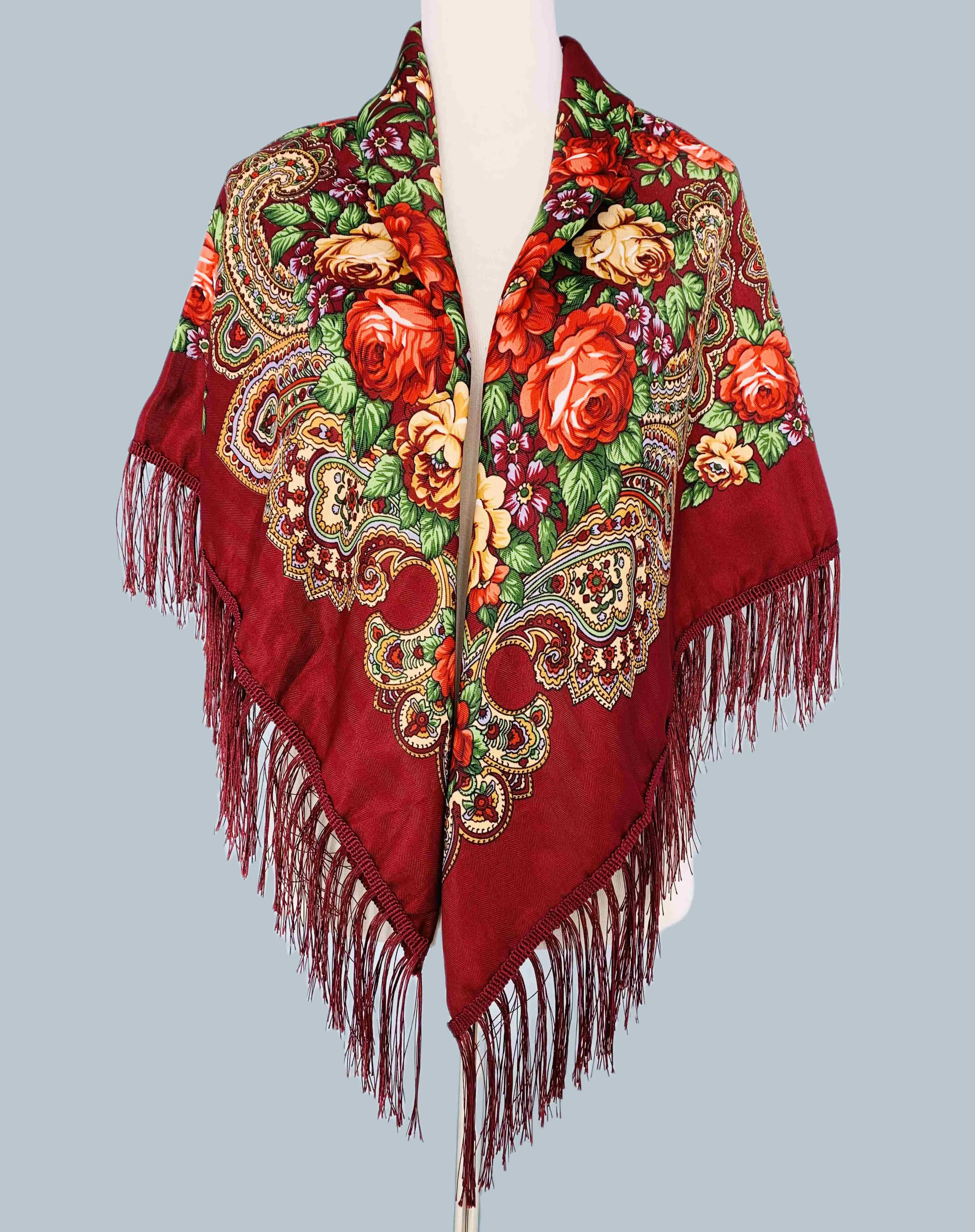 JC023322 Rose Floral Fringe-Detailed  Square Scarf/Shawl