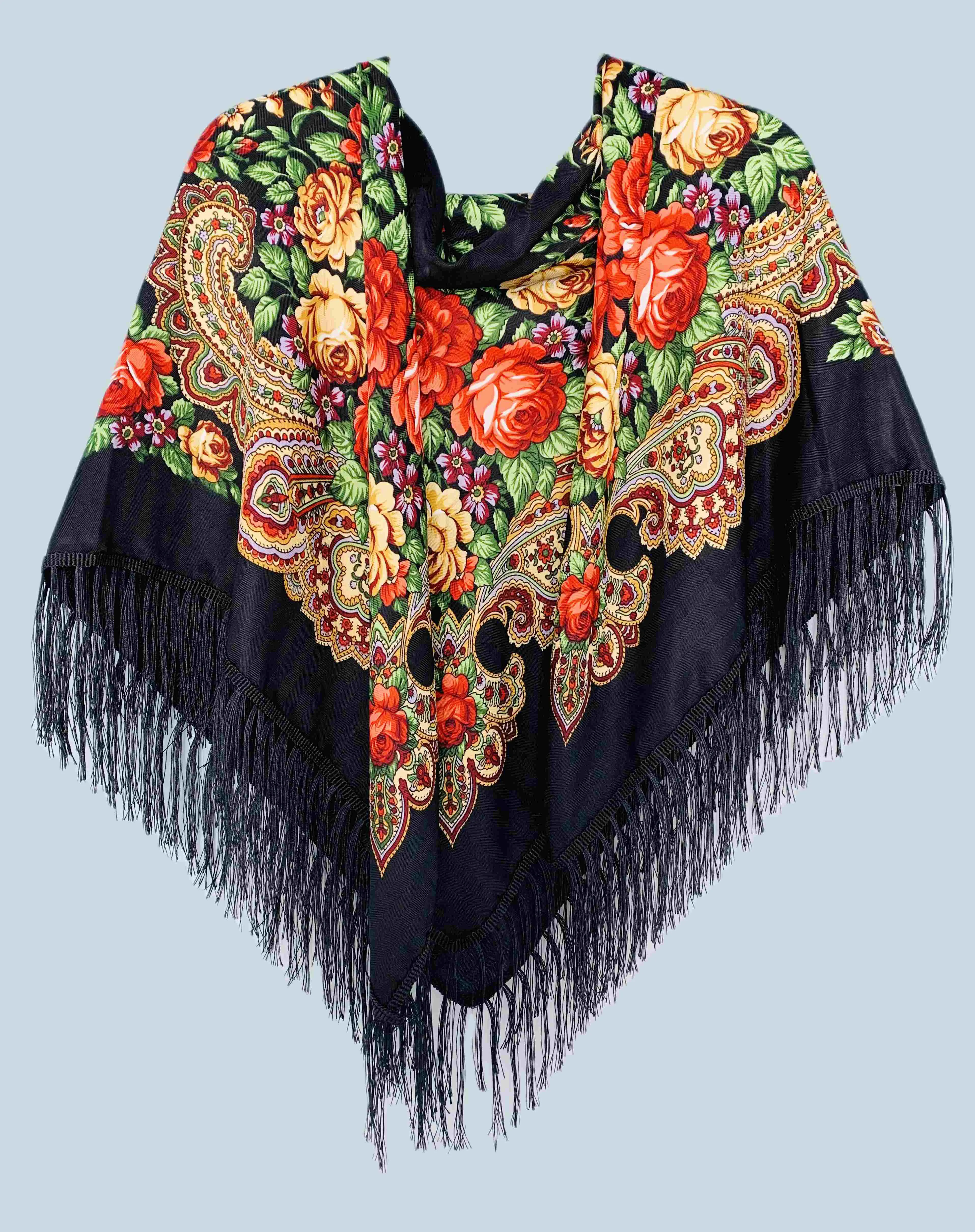 JC023322 Rose Floral Fringe-Detailed  Square Scarf/Shawl