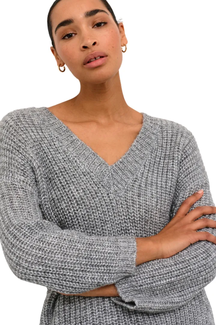 Kaffe Womens Vinda Knit Pullover Grey Silver Metallic