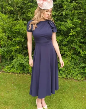 Kate Bow shoulder tea length navy dress