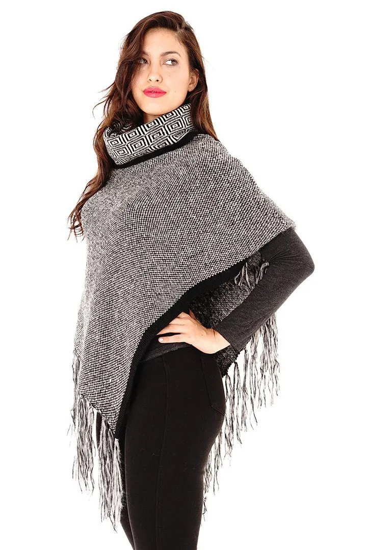 Knitted Turtleneck Poncho with Fringe