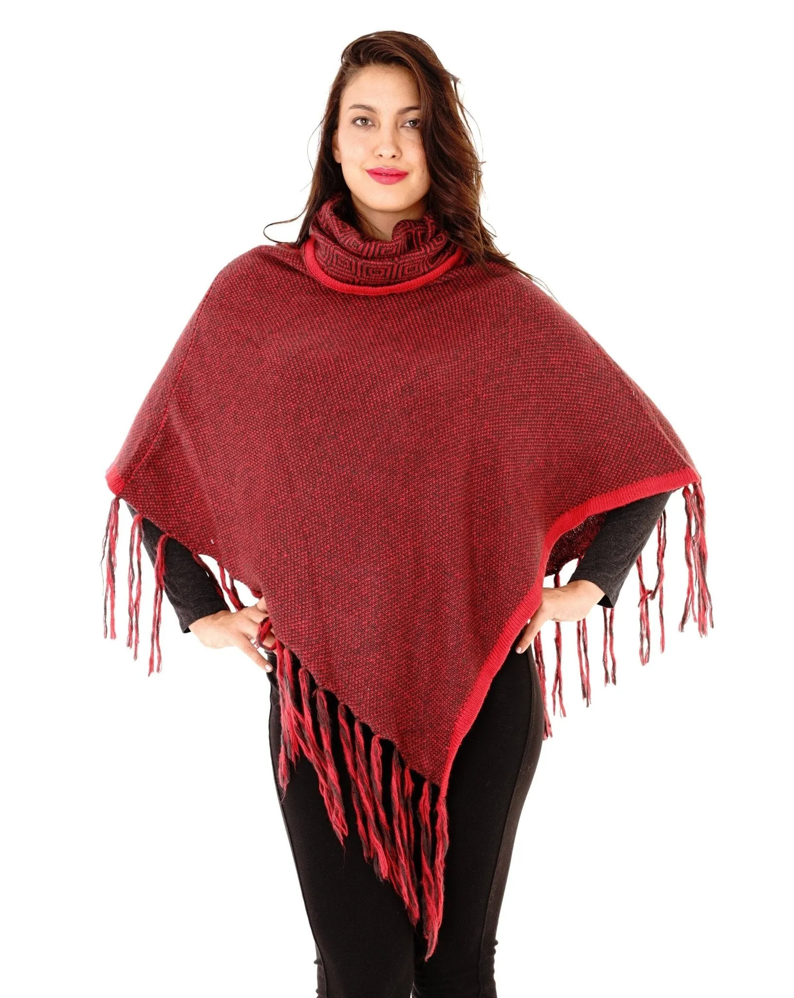 Knitted Turtleneck Poncho with Fringe