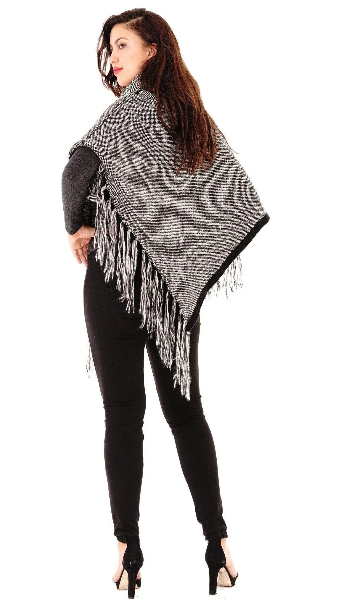 Knitted Turtleneck Poncho with Fringe