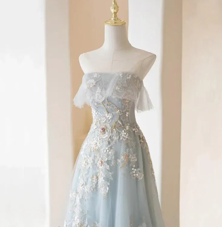 Light Blue Prom Dresses Fairy,Long Blue Tulle Floral Appliques Formal Dresses       fg5691