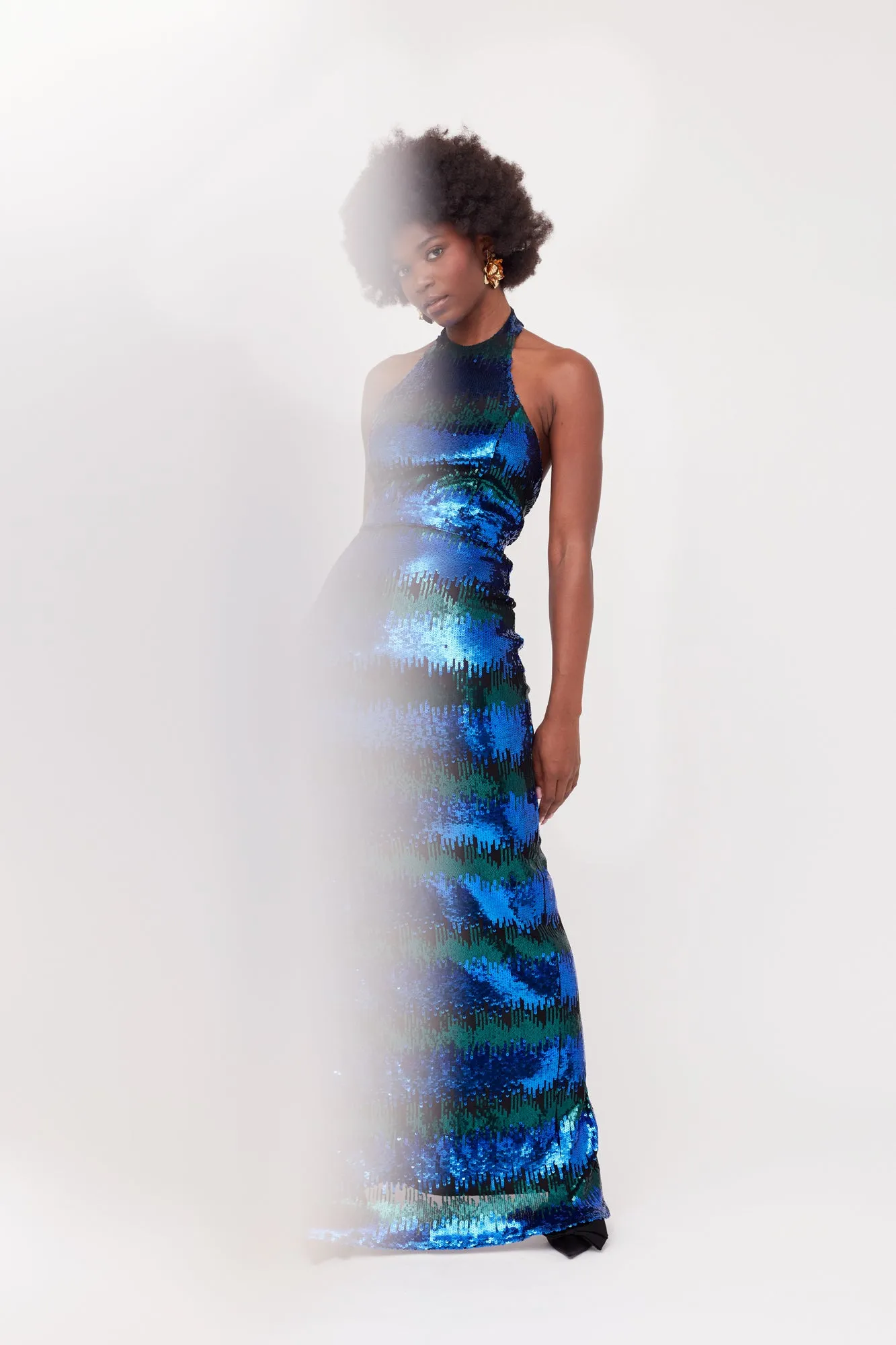 LILIAN Blue & Green Sequin Maxi Evening Dress With Halter Neck