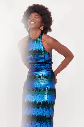 LILIAN Blue & Green Sequin Maxi Evening Dress With Halter Neck