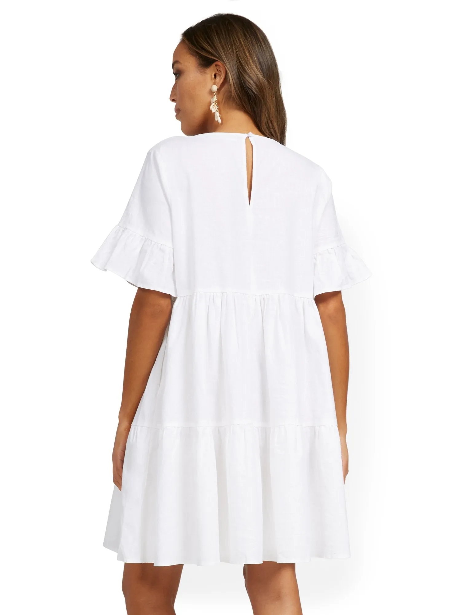 Linen-Blend Ruffle-Sleeve V-Neck Dress