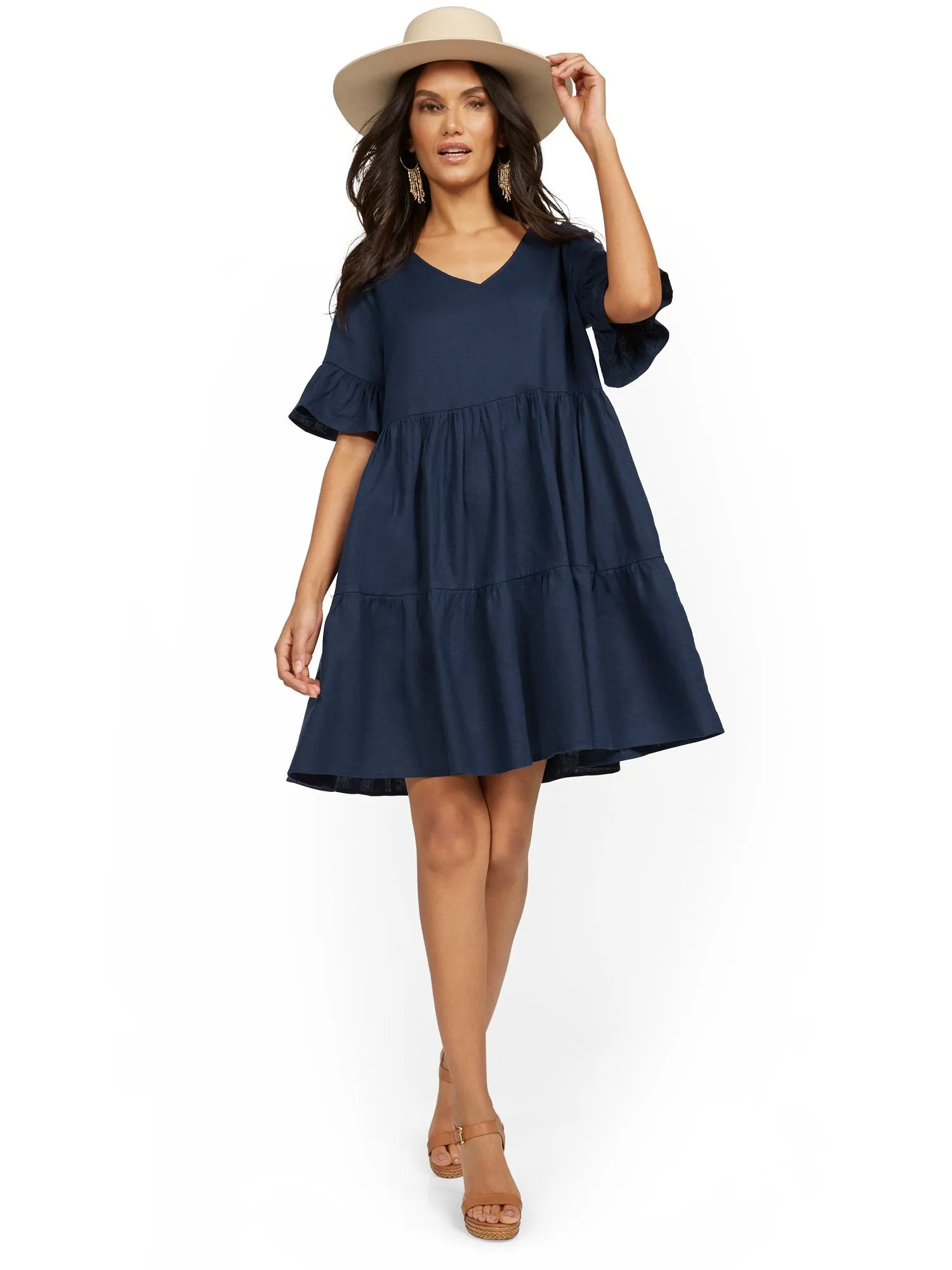 Linen-Blend Ruffle-Sleeve V-Neck Dress