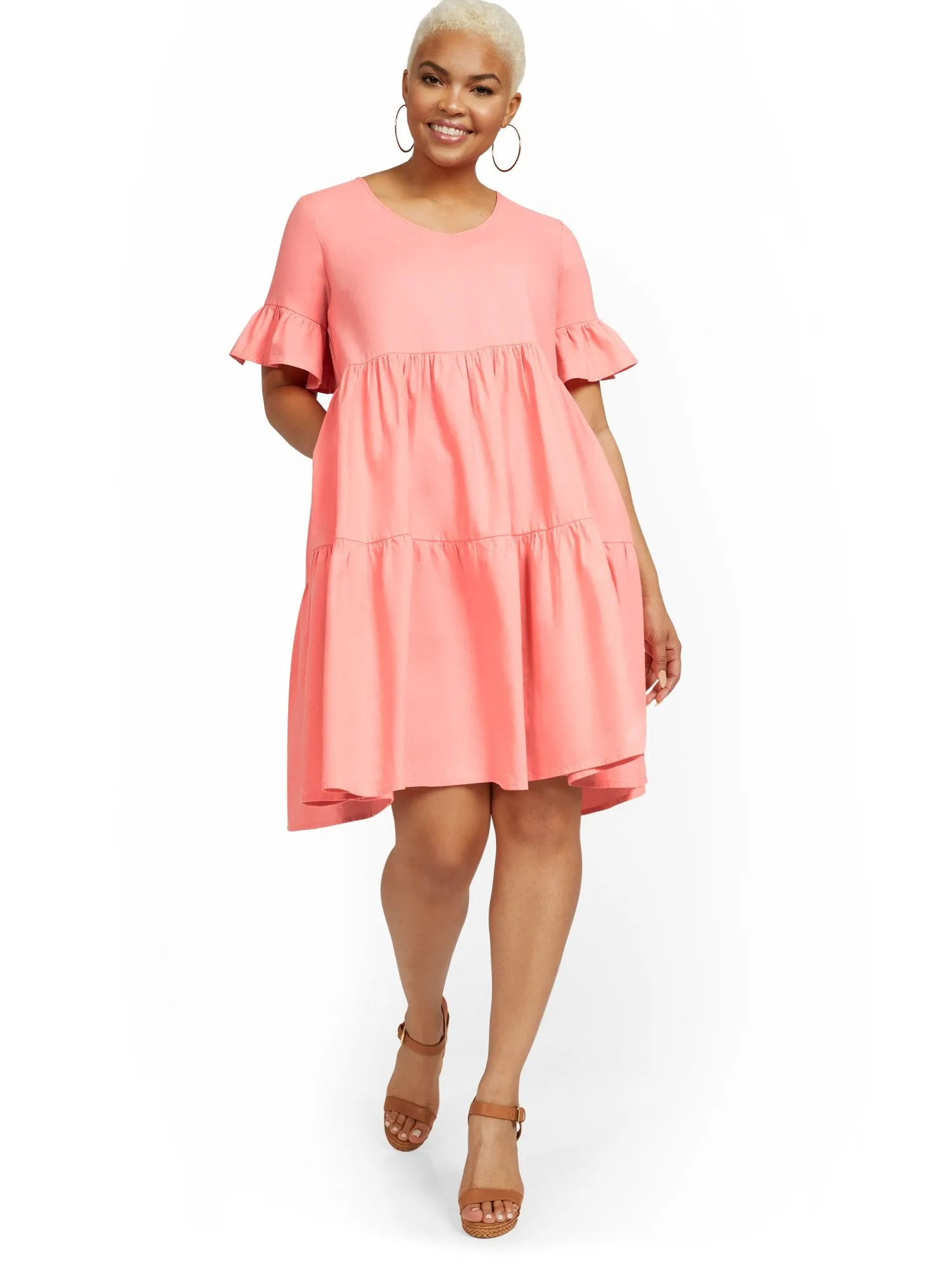 Linen-Blend Ruffle-Sleeve V-Neck Dress