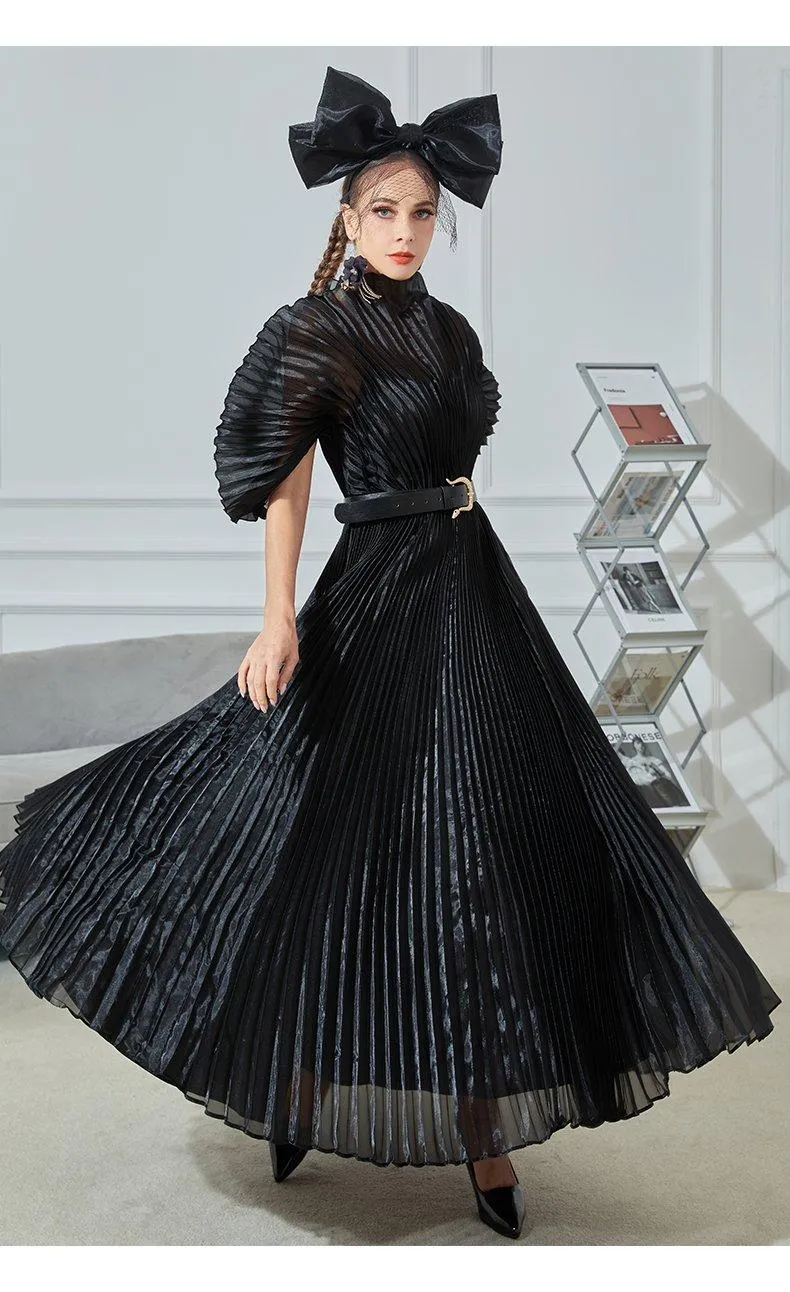 Long pleaded big puffy sleeve elegant inspired couture black dress- Isa