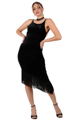 Low Back Velvet Dress With Fringed Hem