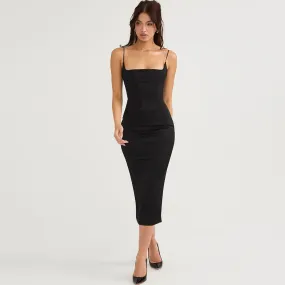 Luxury Square Neck Spaghetti Strap Satin Slip Midi Dress - Black