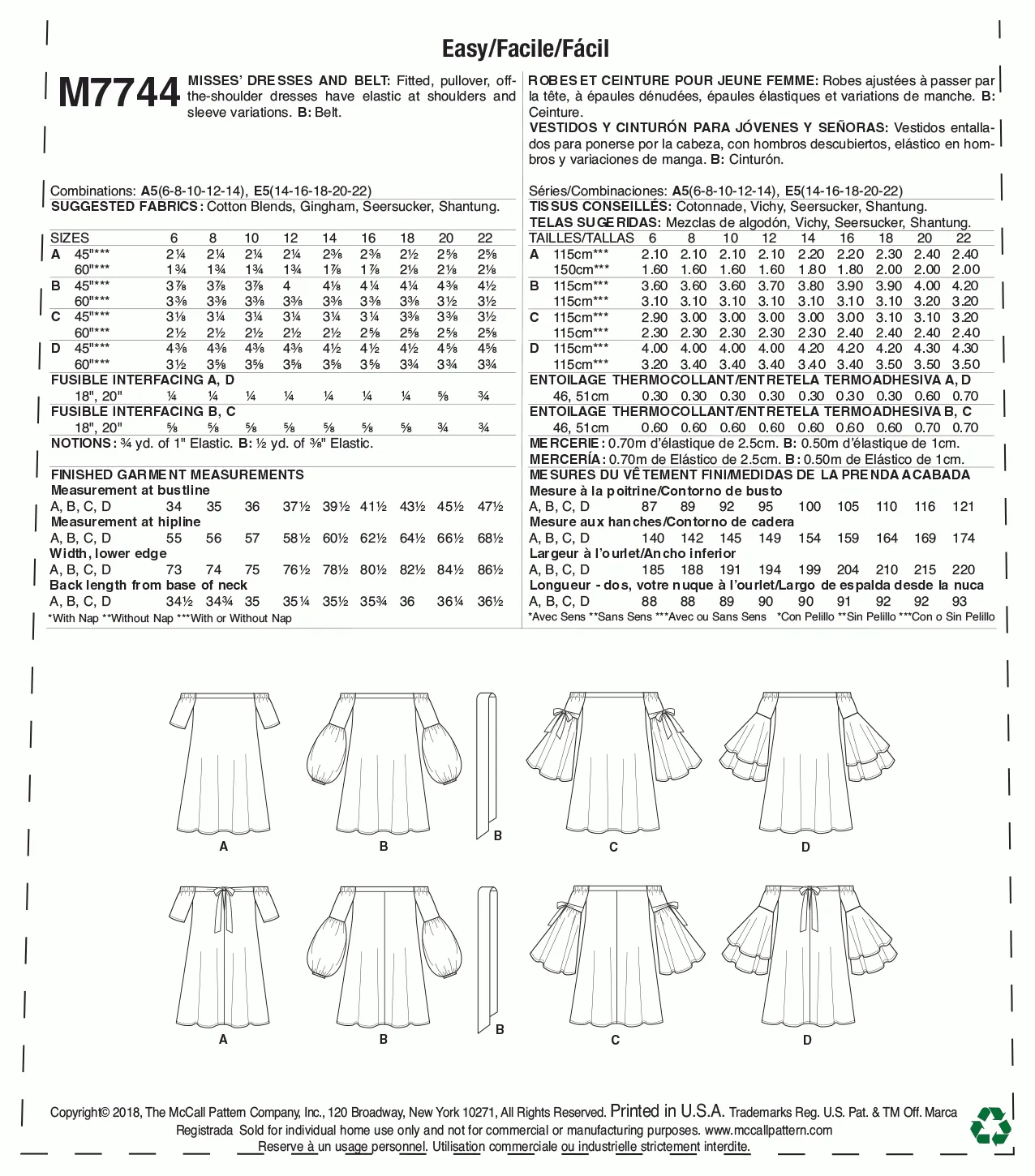 McCall's Pattern M7744 Misses' Dresses and belt