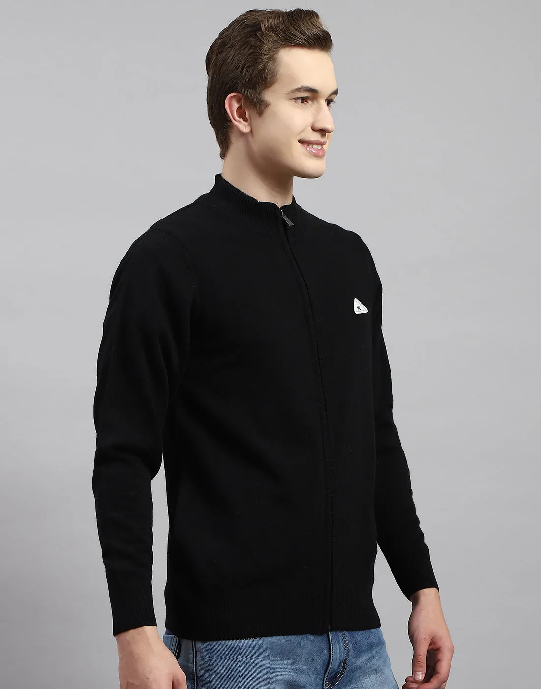 Men Black Solid Stand Collar Full Sleeve Pullover