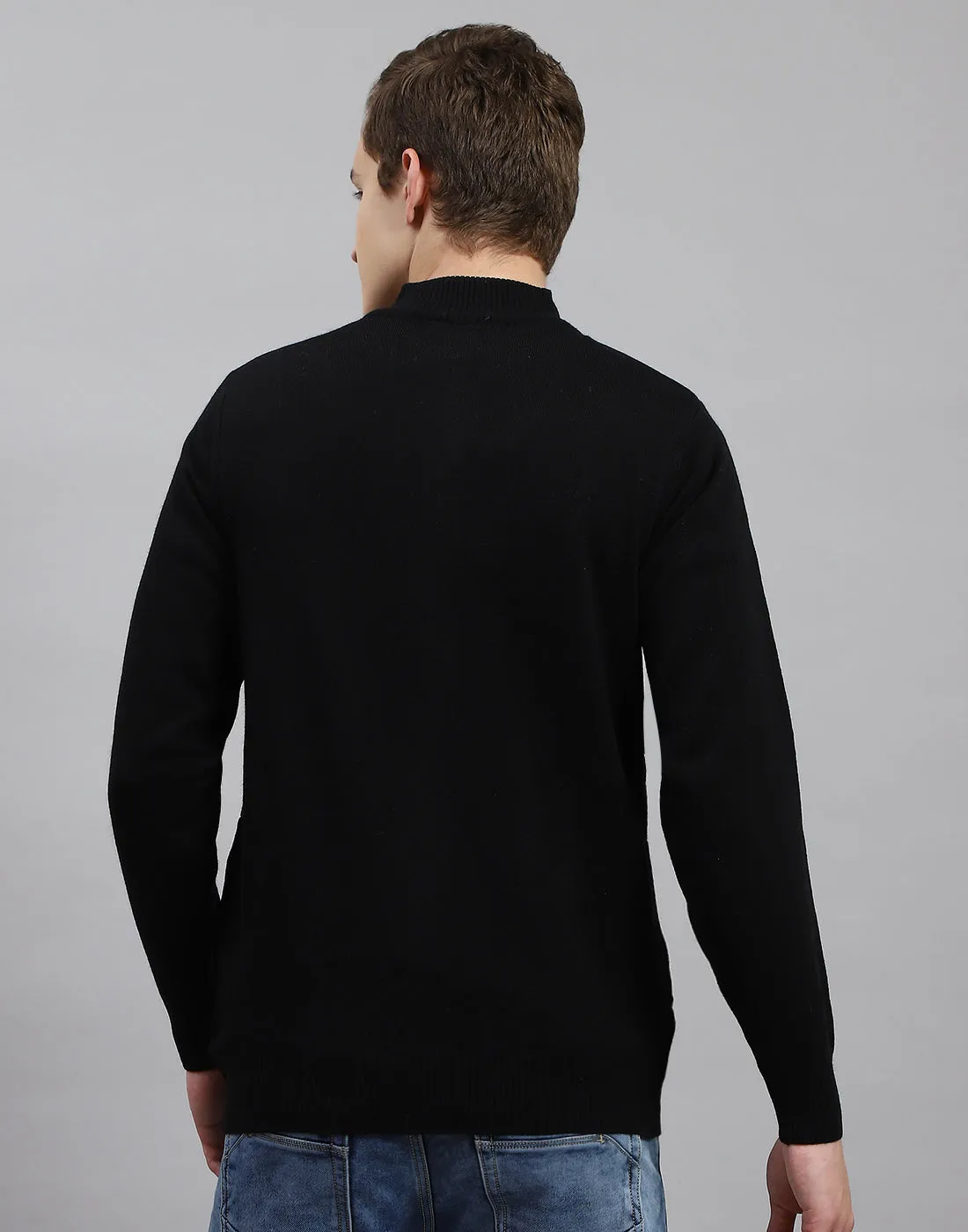 Men Black Solid Stand Collar Full Sleeve Pullover