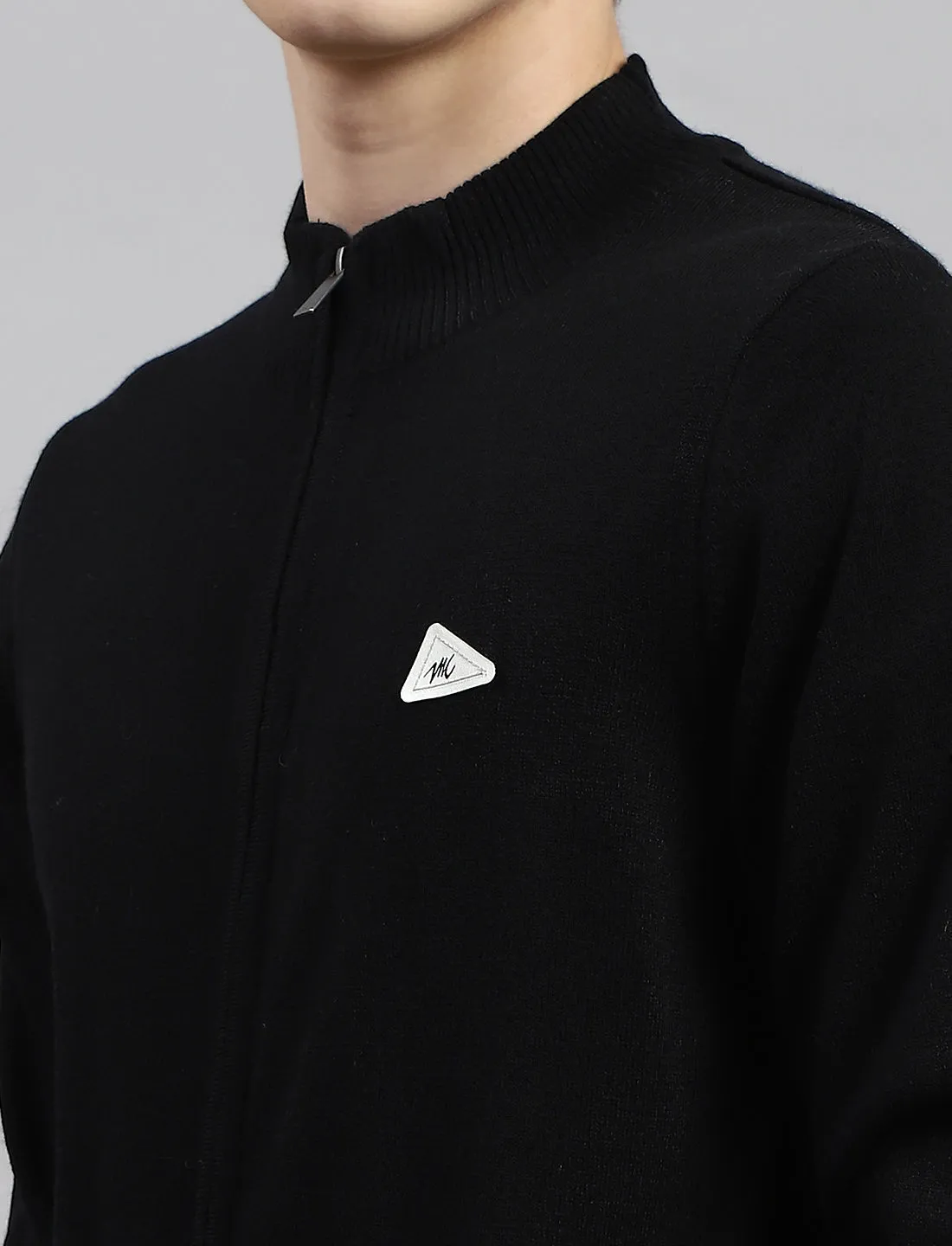 Men Black Solid Stand Collar Full Sleeve Pullover